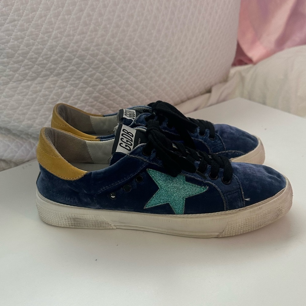 Golden Goose Blue Sneakers with Teal Star and Yellow Heel